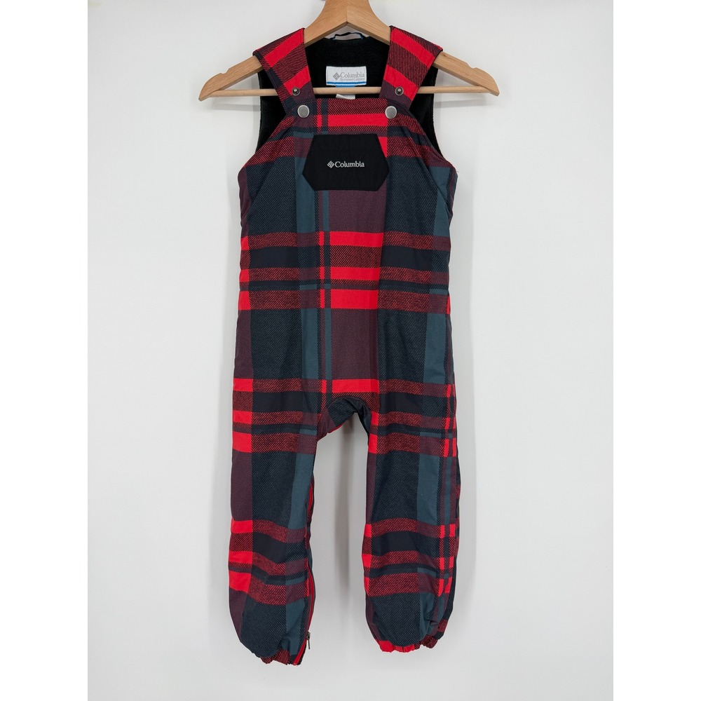 Columbia Toddler Plaid Snow Overalls Bib Pants Fleece Lined 4T Red Gray